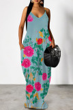 Cyanine Sexy Floral Print Pocket Contrast V Neck Printed Dresses