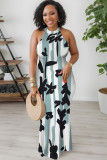 Blue Purple Geometric Print Flowers Stripe Contrast O Neck Dresses