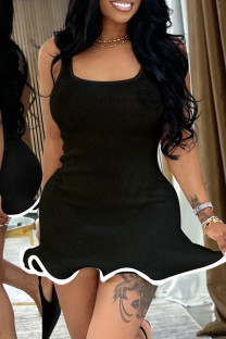 Black Sexy Solid Color Patchwork Backless U Neck Vest Dresses