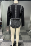 Black Daily Patchwork Hot Drill Conventional Collar Long Sleeve Three Piece Set
