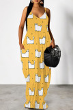 Blue Purple Casual Cartoon Print Flowers Letters Pocket Contrast V Neck Printed Dresses
