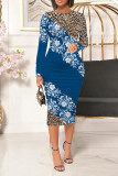 Blue Casual Floral Print Leopard Contrast O Neck Printed Dresses