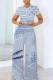 Baby Blue Casual Geometric Print Pocket Contrast O Neck Short Sleeve Two Pieces