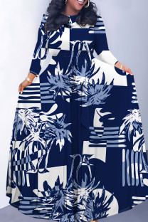 Blue Elegant Striped Print Flowers Pocket With Belt Contrast O Neck Printed Dresses