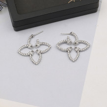 Silver White Daily Four Leaf Clover Rhinestone Decor Earrings