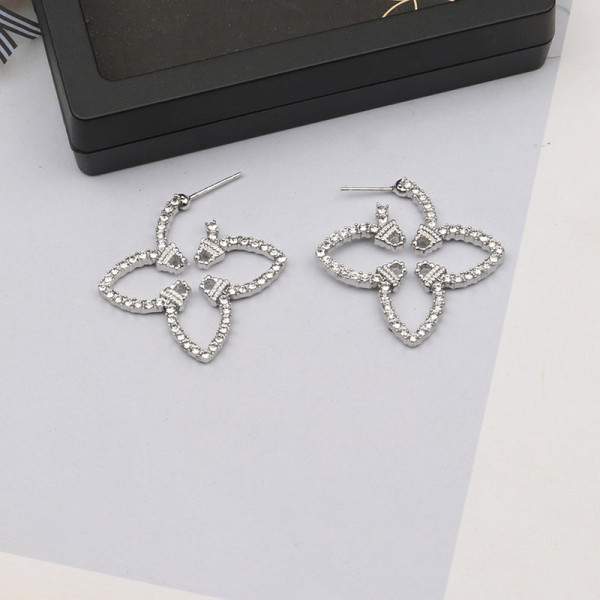 Silver White Daily Four Leaf Clover Rhinestone Decor Earrings