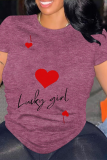 Pink Daily Letter Print Heart Shaped Contrast O Neck Tops