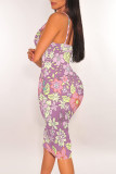 Blue Purple Sexy Flowers Print Contrast V Neck Wrapped Skirt Dresses