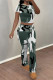 Gray Green Casual Camouflage Print Contrast O Neck Short Sleeve Two Pieces