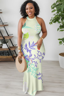 Beige Geometric Print Flowers Stripe Contrast O Neck Dresses