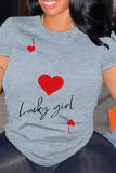 Pink Daily Letter Print Heart Shaped Contrast O Neck Tops
