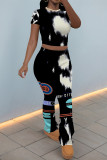 White Casual Graffiti Print Contrast O Neck Short Sleeve Two Pieces