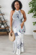 White Grey Geometric Print Flowers Stripe Contrast O Neck Dresses