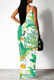 White Green Sexy Floral Print Cartoon Pocket Contrast V Neck Printed Dresses
