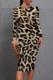 Blue Casual Floral Print Leopard Contrast O Neck Printed Dresses