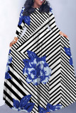 Blue Elegant Striped Print Flowers Pocket With Belt Contrast O Neck Printed Dresses