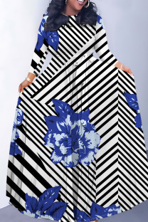 Stripe Elegant Striped Print Flowers Pocket With Belt Contrast O Neck Printed Dresses