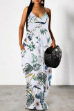 White Green Sexy Floral Print Cartoon Pocket Contrast V Neck Printed Dresses