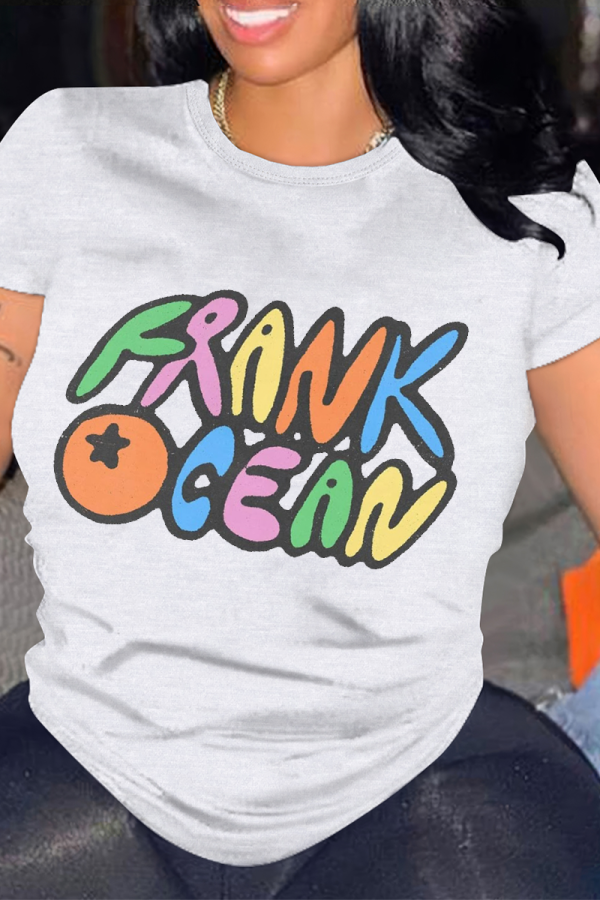 White Casual Letter Print O Neck Tops