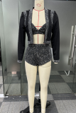 Black Daily Patchwork Hot Drill Conventional Collar Long Sleeve Three Piece Set