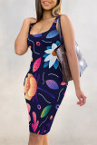 Rose Red Sexy Geometric Print Contrast U Neck Printed Dresses