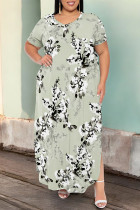 Gray Green Casual Geometric Print Pocket Slit V Neck Printed Plus Size Dresses