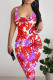 Red White Sexy Floral Print Contrast U Neck Printed Dresses