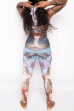 Colour Sexy Hot Irregular Printed Backless Belted Halter Sleeveless Two Pieces