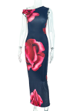 Black Elegant Print Patchwork Oblique Collar Long Dresses
