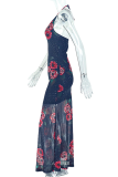 Black Sexy Print Flower Shape Long Dresses