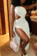 White Sexy Solid Color Hollow Out Ruched Asymmetrical Collar Irregular Dresses