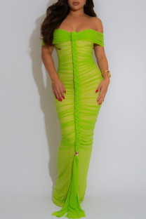 Green Sexy Solid Color Patchwork Backless Ruched Off Shoulder Long Dresses