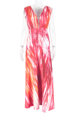 Red Elegant Print Ruched V Neck Long Dresses