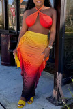 Yellow Sexy Casual Gradient Print Backless Halter Sleeveless Two Pieces