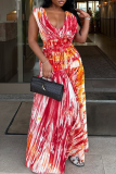 Red Elegant Print Ruched V Neck Long Dresses