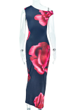 Black Elegant Print Patchwork Oblique Collar Long Dresses