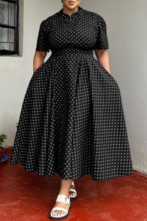 Black Casual Daily Print Basic V Neck Long Plus Size Dresses