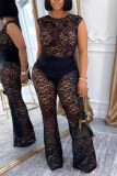 Apricot Elegant Solid Color Lace See-Through O Neck Sleeveless Two Pieces