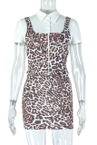 Leopard Print Sexy Leopard Print Buckle Turndown Collar Short Sleeve Two Pieces