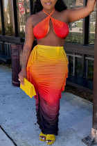 Yellow Sexy Casual Gradient Print Backless Halter Sleeveless Two Pieces