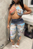 Colour Sexy Hot Irregular Printed Backless Belted Halter Sleeveless Two Pieces