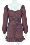 Dark Brown Sexy Solid Color Flounce U Neck Wrapped Skirt Dresses