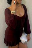 Dark Brown Sexy Solid Color Flounce U Neck Wrapped Skirt Dresses
