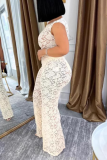 Apricot Elegant Solid Color Lace See-Through O Neck Sleeveless Two Pieces