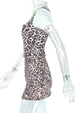 Leopard Print Sexy Leopard Print Buckle Turndown Collar Short Sleeve Two Pieces