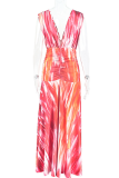 Red Elegant Print Ruched V Neck Long Dresses