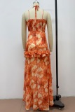 Orange Elegant Print Backless Flounce Halter Irregular Dresses