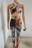Colour Sexy Hot Irregular Printed Backless Belted Halter Sleeveless Two Pieces
