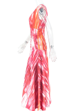 Red Elegant Print Ruched V Neck Long Dresses