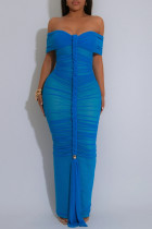 Blue Sexy Solid Color Patchwork Backless Ruched Off Shoulder Long Dresses